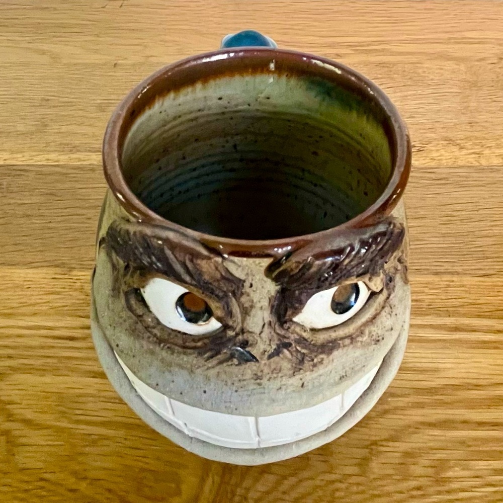 VTG Dzedzy Mug Monkey Face Pottery Hand Thrown Blue Artisan Signed Handcrafted